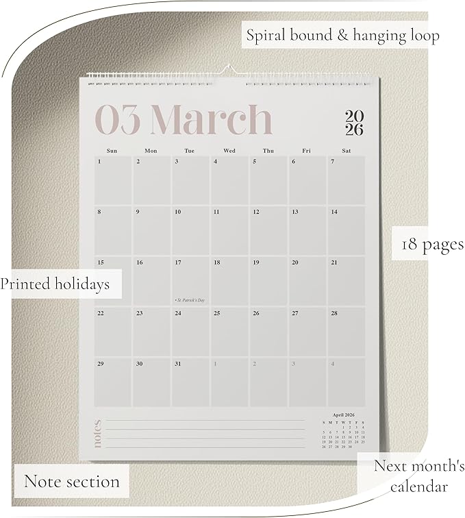 Makaplan Beige & Gray vertical Coil Wall Calendar 2025-18 Month Calendar January 2025 to June 2026, 11x13.5 Inches Sleek Modern Design with Spiral Twin-Wire Binding