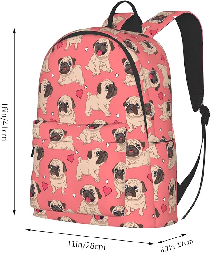 16 inch backpack Cartoon Pugs Puppies Laptop Backpack Full Print School Bookbag Shoulder Bag for Travel Daypack