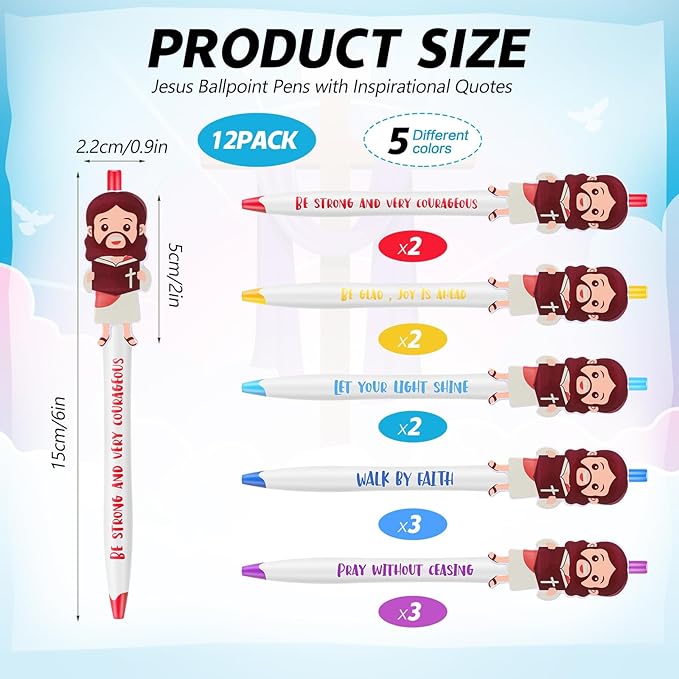 12 Pcs Christian Jesus Pens Bible Verse Pens for Kids Cute Jesus Ballpoint Pens with Inspirational Quotes Sunday Religious Pens for Classroom Prizes Church Christmas Easter Gift