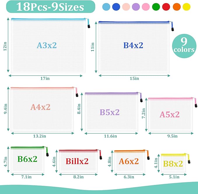 18pcs Mesh Zipper Pouch Bags, 9 Sizes Zipper Pouch, Mesh Bags With Zipper, Plastic Zipper Pouches, 9 Colors Zipper Pouches for Organizing, Board Game Storage, Travel, School Office organize