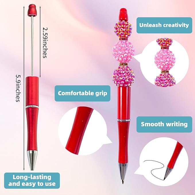 15 Pieces Beadable Pens - Beaded Pens Plastic Diy Black Ink Ballpoint Pens Bulk - Bead Pens Suitable For Teacher, Students, Office, School, Graduation Gift Supplies(Red)