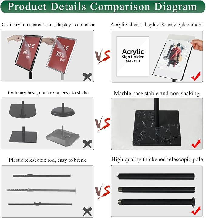 Adjustable Poster Sign Holder Stand 8.5x11 , Sign Holder Stand with Heavy Duty Marble Base, Reusable Sign Holder Vertical & Horizontal View Display for Indoor Outdoor Standing(Square)