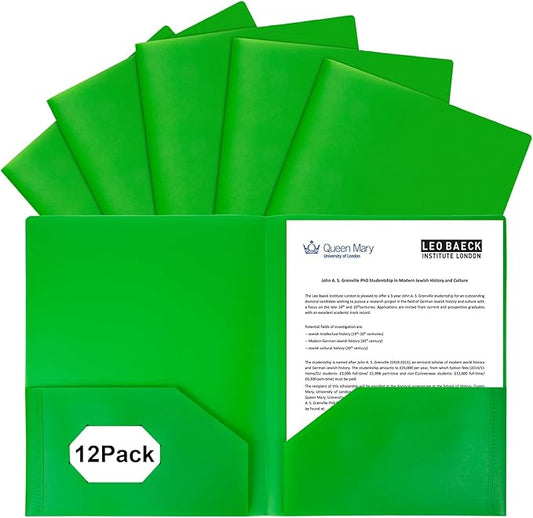 12-Pack Plastic Folders with Pockets,2-Pocket Poly Folders Holds 8-1/2" x 11" Paper for School/Office/Home, Green