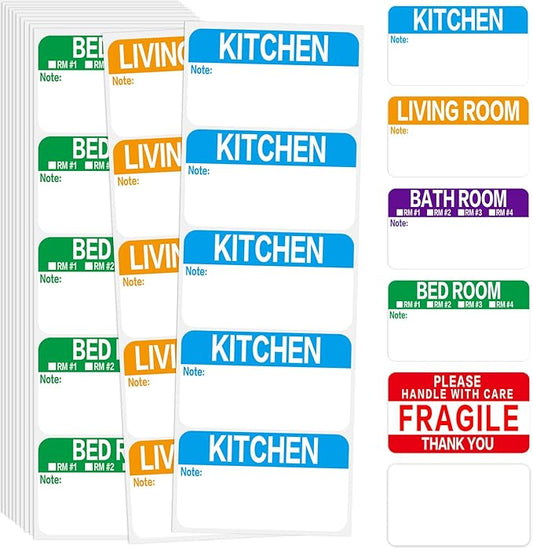 300 Count 3.5 x 2 Large Home Moving Packing Box Labels for 3-4 Bedroom House with Writable Notes Areas, 6 Color Coded Moving Labels for Boxes + Fragile Moving Stickers