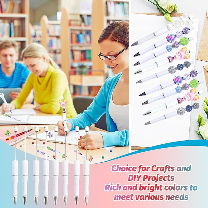 15 Pieces Beadable Pens - Beaded Pens Plastic Diy Black Ink Ballpoint Pens Bulk - Bead Pens Suitable For Teacher, Students, Office, School, Graduation Gift Supplies(White)