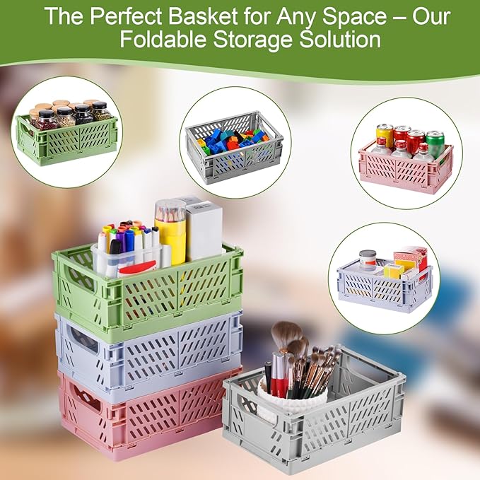 2-Pack Small Pastel Plastic Storage Baskets, Collapsible Crates for Organizing, Space-Saving Mini Bins for Classroom, Kitchen, Office, Bedroom (Yellow, 9.8" x 6.5" x 3.8")