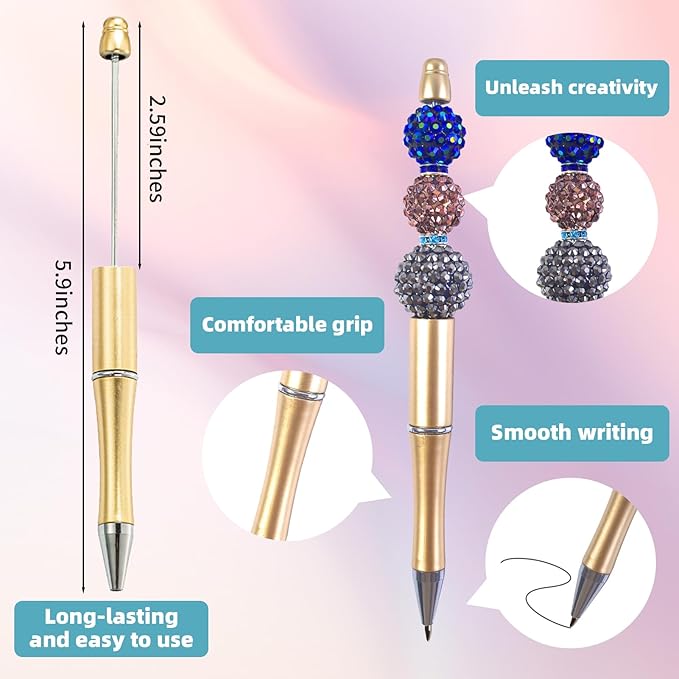 15 Pieces Beadable Pens - Beaded Pens Plastic Diy Black Ink Ballpoint Pens Bulk - Bead Pens Suitable For Teacher, Students, Office, School, Graduation Gift Supplies(Golden)