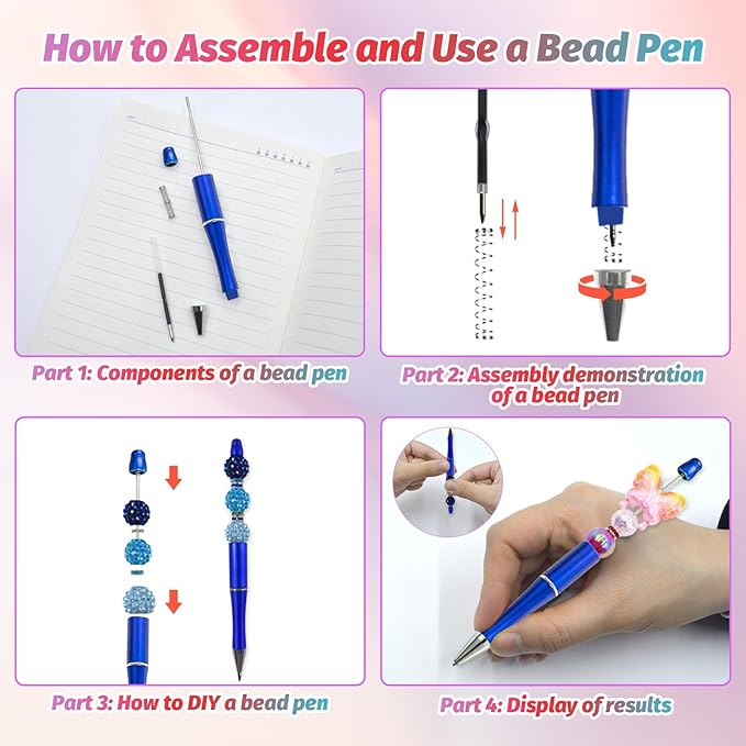15 Pieces Beadable Pens - Beaded Pens Plastic Diy Black Ink Ballpoint Pens Bulk - Bead Pens Suitable For Teacher, Students, Office, School, Graduation Gift Supplies(Blue)
