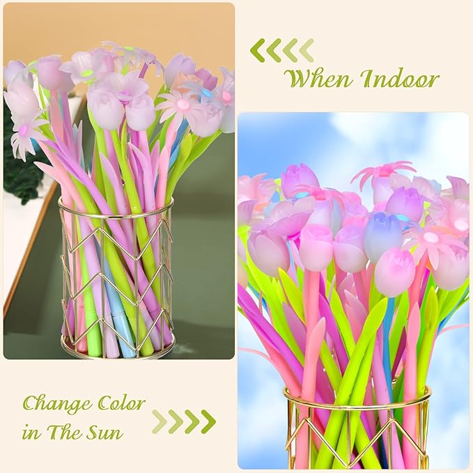 18 Pieces Color Changing Flower Pens Colorful Gel Ink Ballpoint Rose Pens for School Home Office Presents(Daffodil Lampranthus Spectabilis Tulip Rose)