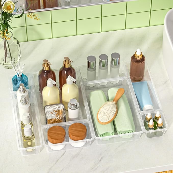 63 PCS Clear Plastic Drawer Organizers Set, 4-Size Versatile Bathroom and Vanity Organizer Trays, Non-Slip Storage Containers for Makeup, Jewelries, Bedroom,Kitchen Utensils and Office