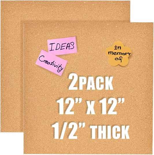 12x12 Cork Board Tiles Bulletin Board, 1/2" Thick Small Square Cork Boards for Walls, Self-Adhesive Cork Tiles for Home, Office, School, Bulletin Board Decorations(12mm,2pc)