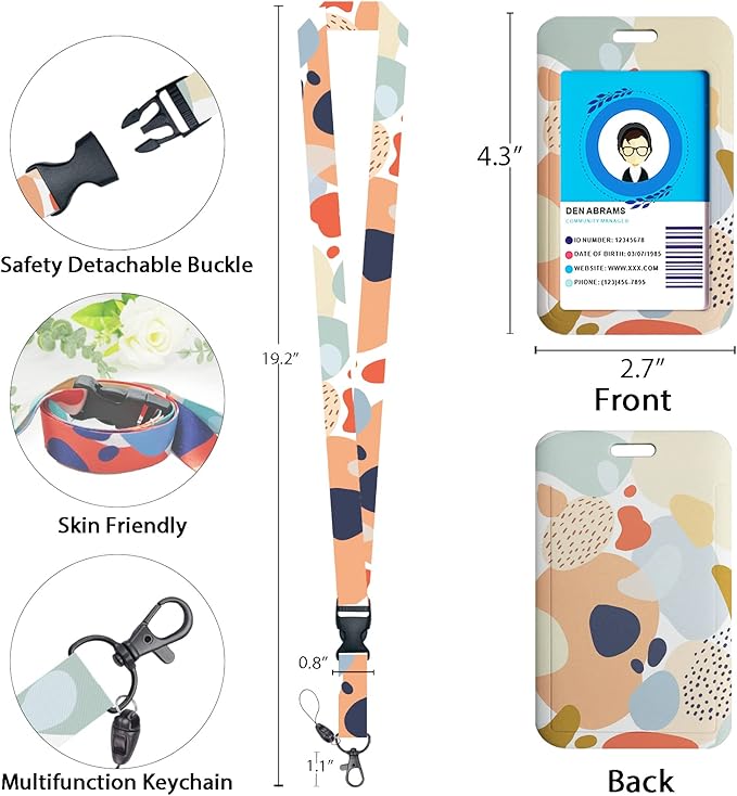 ID Badge Holder with Breakaway Lanyard, Retractable Badge Reel Heavy Duty, Cute Lanyards for ID Badges Ajustable, Teacher Nurse Work Office Gifts, Boho Abstract Art Design