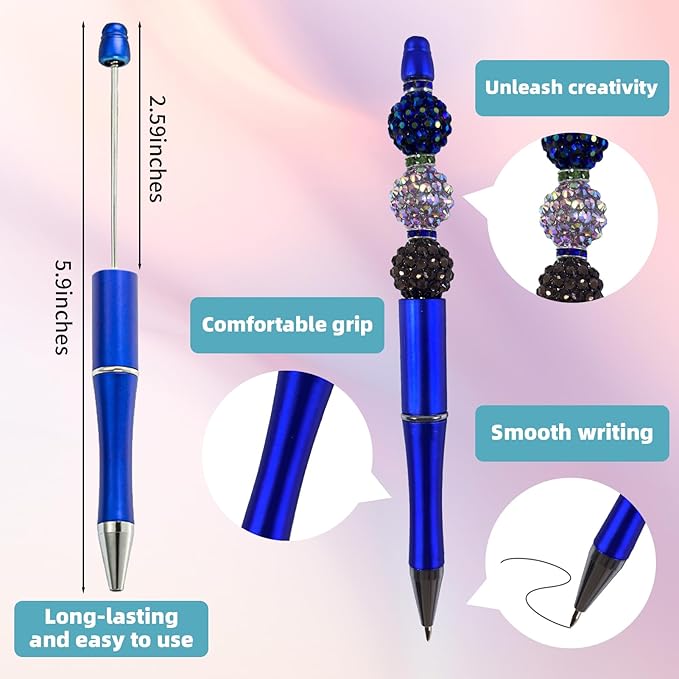 15 Pieces Beadable Pens - Beaded Pens Plastic Diy Black Ink Ballpoint Pens Bulk - Bead Pens Suitable For Teacher, Students, Office, School, Graduation Gift Supplies(Blue)