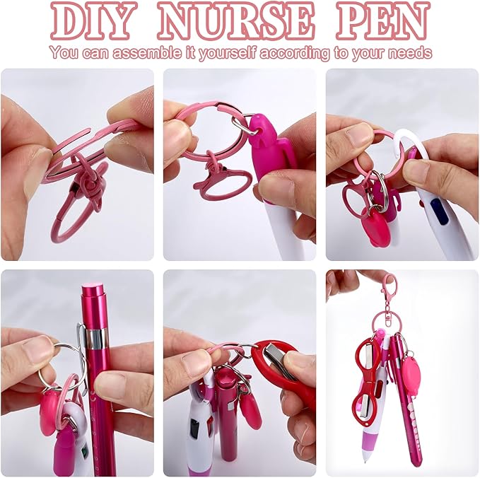 12 pcs Nurse Pen Set Two Colors Pink Purple Include Permanent Marker Pen Pen Lights for Nurses Retractable Ballpoint Pen Nursing Keychain Clip Foldable Scissors LED Flashlight Keychain for Nurses