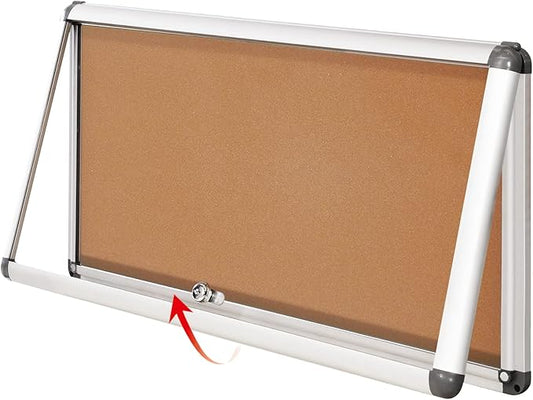 SWANCROWN Lockable Noticeboard Wall-Mounted Bulletin Pin Cork Boards Message Board with Aluminium Frame 28x14 inch