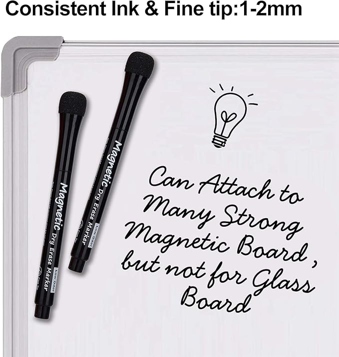 Magnetic Dry Erase Markers - Fine Tip, Black Color, 12 Pack, Low Odor Whiteboard Markers for Kids & School, Work On White board & Calendar, Refrigerator