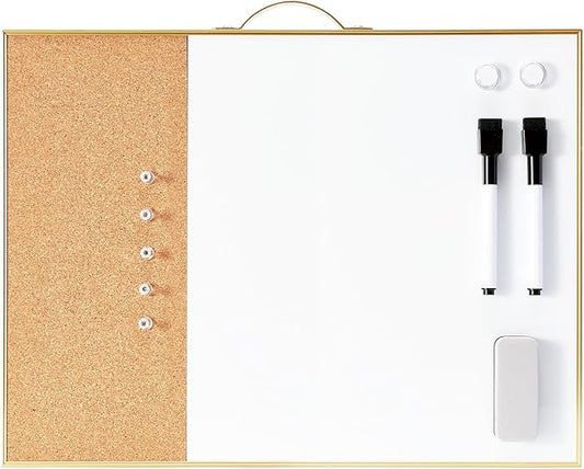 Small Cork Board Whiteboard Combo - 12" X 16" Portable Aluminum Gold Framed Magnetic Dry Erase Board for Wall, Mini Bulletin CorkBoard with a Handle for Office, Home and School