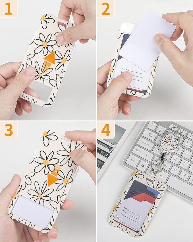 Uniclife 2 Pack Floral Sliding Badge Holder Flower Plastic Case with Retractable Badge Reel Carabiner Clip and Detachable Lanyard Strap Hard Vertical Card Protector for Women Nurse Teacher