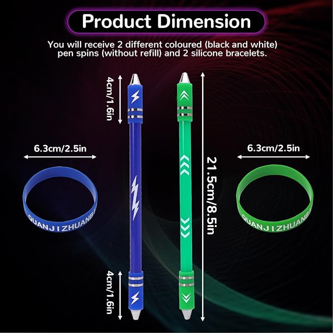 2 Colors Pen Spinning with Silicone Bracelet, Metal Heads Gaming Finger Pen, 8.5In Weighted Rotating Ballpoint Pen, Spinning Pen for Student Adults, No Pen Refill (Green,Blue)