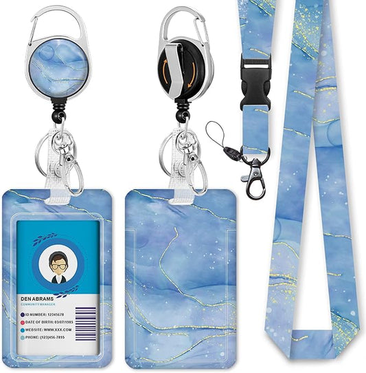 Blue Marble Lanyards for Id Badges, Cute Badge Reel Heavy Duty with Carabiner Clip, Fashionable ID Badge Holder with Breakaway Lanyard, Teacher Nurse Office Gifts