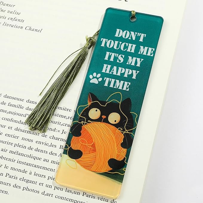 1pc Cute Pet Cat Tassel Bookmark - Acrylic Bookmarks for Book Lovers, Gifts for Teachers Students Reading Markers Ideal Gift for Back to School Season (Light Green Fringe-1)