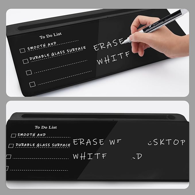 TOWON Black Desktop Whiteboard with todo List Templates, White Board Dry Erase Small for Desk, Glass Reminder Memo Notepad to-do List Dry Erase with Storage, Lined & Free Section, 16x7 Inches