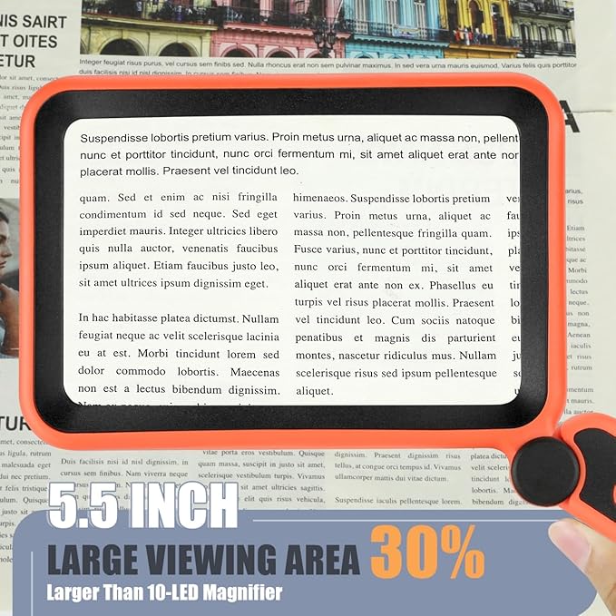 Magnifying Glass for Reading, Rechargeable 5X Large Page Magnifier with Light, Folding Handheld Dimmable Rectangle Lighted Magnifier for Reading Book Small Print for Seniors Low Vision, Orange-Black