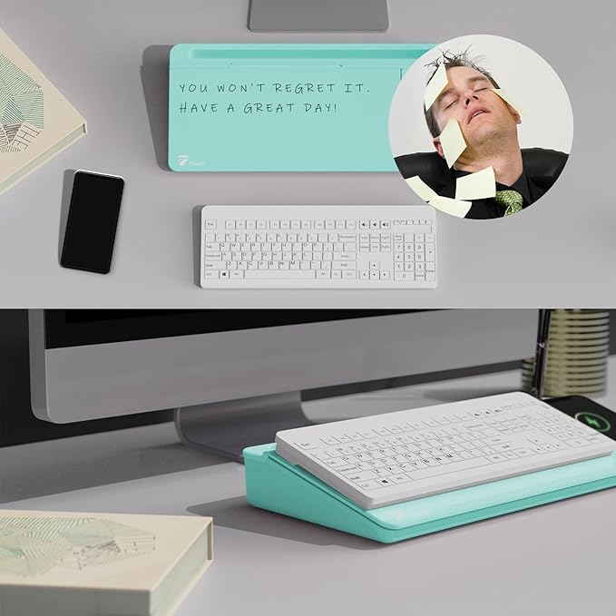 TOWON Desktop Glass Whiteboard with Charger Pad, Whiteboard for Desk with Charging Station, Desk Buddy Dry Erase with Charger for Home Office, Dry Erase Computer Desk Notepad, Teal Blue, 17 x 6 in