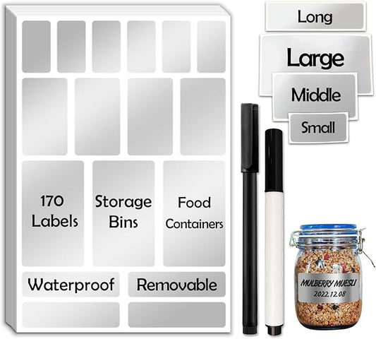 170Pcs Brightsilver Removable Labels for Jars,for Storage Bins,for Food Containers with 2 Liquid Chalk Marker(Brightsilver)