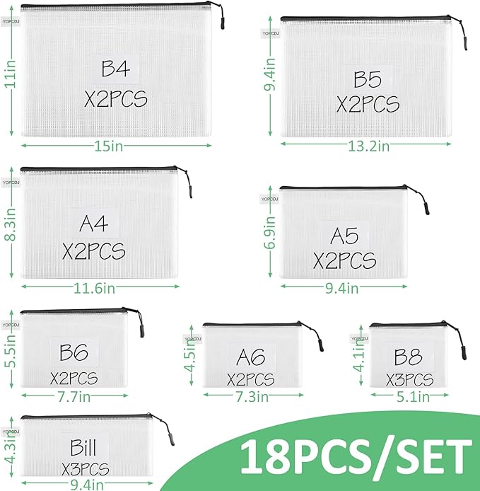 18 Pack 8 size Mesh zipper pouch bags, Zipper Bags with Label Pocket,File Bags for Classroom Organization,Zipper Pouches of office supplies,Puzzles, Board Game Storage