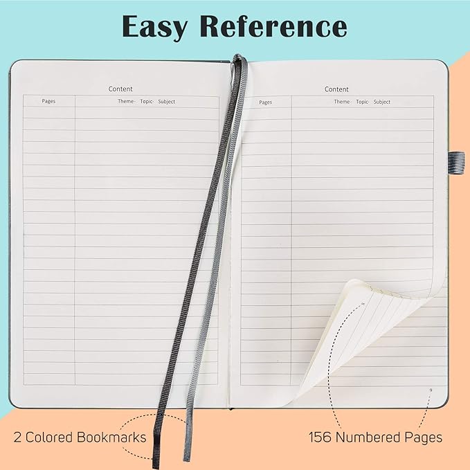 MALEDEN 7 Pack Lined Journal Notebook, Hardcover PU Leather Notebook for Men Women, 100 GSM Thick Numbered Pages with Index Content, Inner Pockets, Bookmarks, A5 Ruled Writing Journal Bulk (Grey)