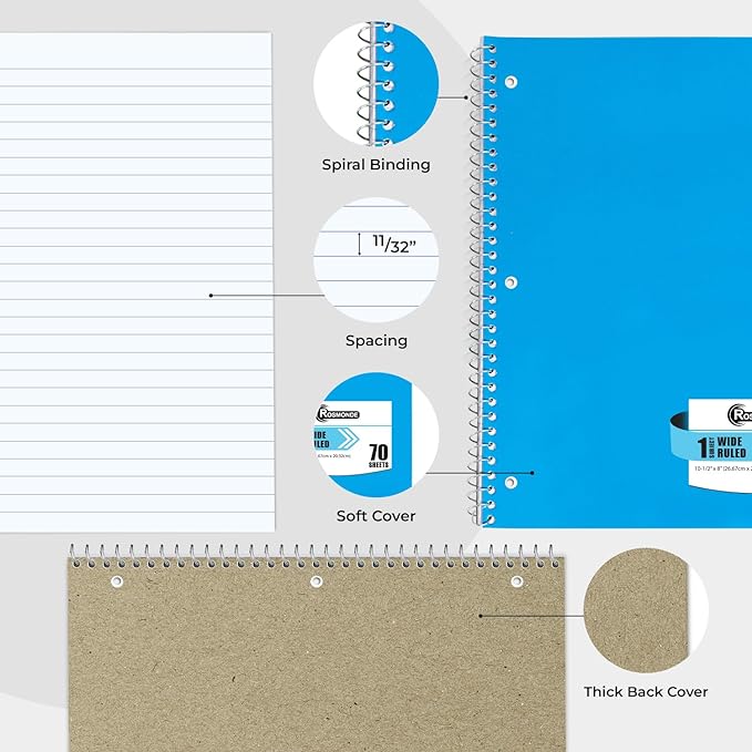 1440 Packs (Pallet) 1 Subject Notebooks, Spiral Notebook Bulk, Wide Ruled, Pallet of Notebooks, 70 Sheets (140 pages), 8 x 10-1/2",Bulk Spiral Notebooks for School & Office, 4-7 Days Transit
