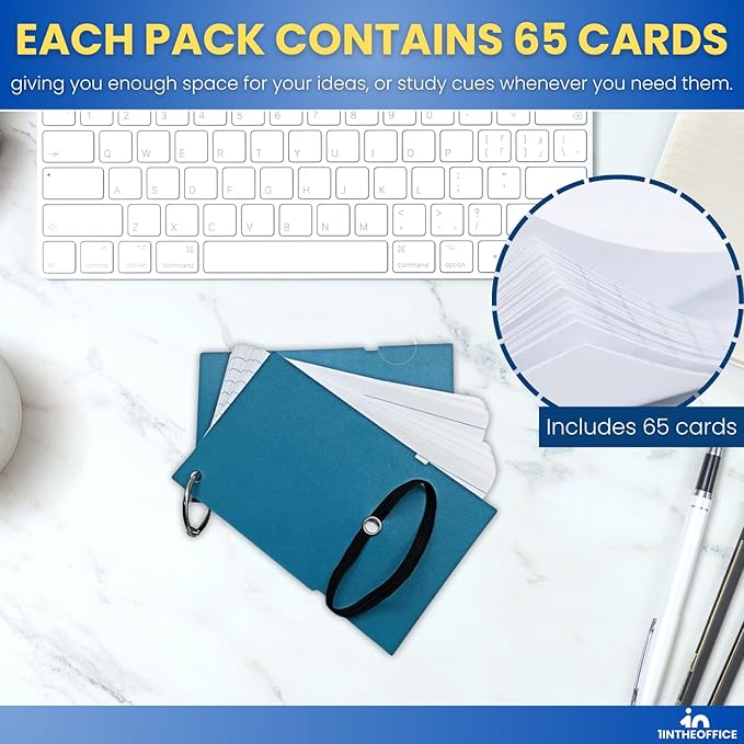 1InTheOffice Index Cards with Ring 3x5, Flash Cards with Binder Ring, Single Hole Punched Notecards, 65 Cards, 3 Pack