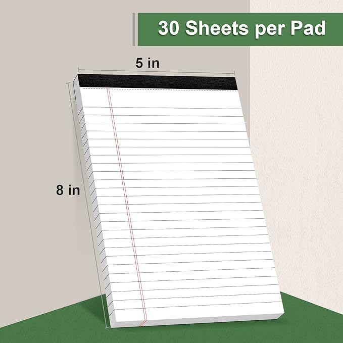 12 Pack Note Pads 5 x 8 Inch 80gsm Quality Small Notepad College Ruled Legal Pads, White Lined Double Sided Printing Writing Pads, 30 Sheets/Pad, Perforated Paper for Note-Taking, Grocery List