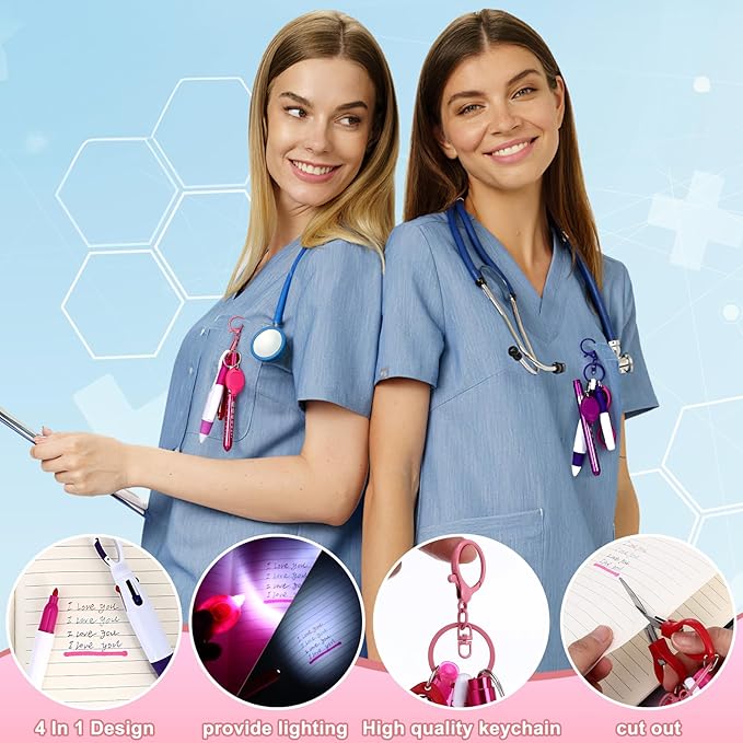12 pcs Nurse Pen Set Two Colors Pink Purple Include Permanent Marker Pen Pen Lights for Nurses Retractable Ballpoint Pen Nursing Keychain Clip Foldable Scissors LED Flashlight Keychain for Nurses