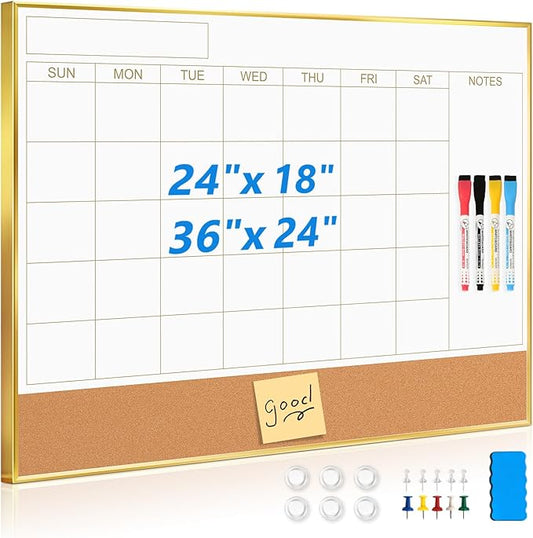 Magnetic Dry Erase Calendar Board for Wall - 36'' x 24'' Monthly Calendar Whiteboard with Cork Board - Gold Aluminum Frame
