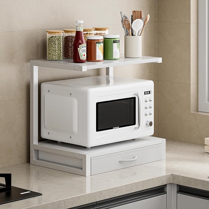 2-Tier Desktop Printer Stand with Fabric Drawer, Prtiner Table with Storage Shelf, Desk Organizer for Home Office,3D Printer,Fax Machine,Scanner, 17.3"x11.8" White