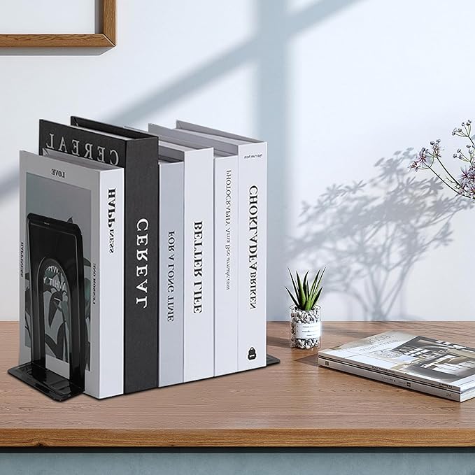 14 PCS/7 Pair Bookends,Book Ends for Shelves,Metal Bookends,Heavy Duty Bookends,Black Book Ends,Non-Skid Bookend,Universal Book Stopper for Heavy Books/Movies/CDs,Office Home,6.5 x 4.9 x 5.7in