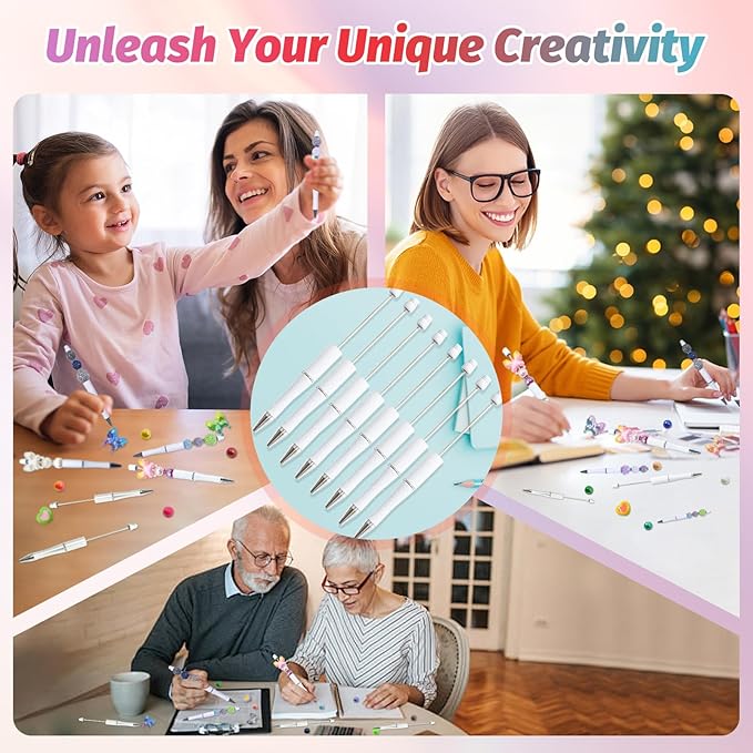 15 Pieces Beadable Pens - Beaded Pens Plastic Diy Black Ink Ballpoint Pens Bulk - Bead Pens Suitable For Teacher, Students, Office, School, Graduation Gift Supplies(White)