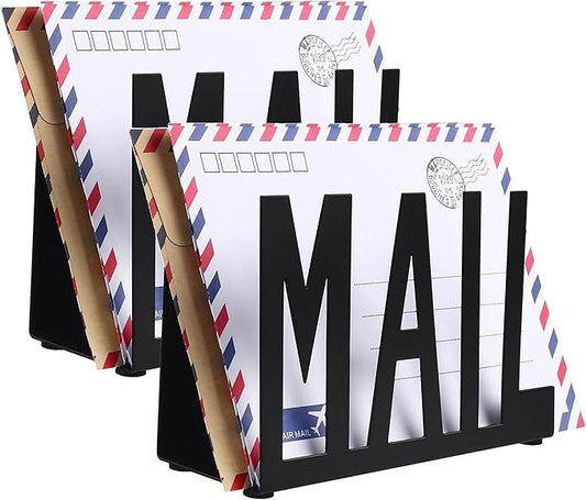 Mail Holder,Mail Organizer Black Metal Letter Sorter Tabletop Mail Cutout Organizer Mail Letter Document Stand with Letter Opener for Desktop Home Office School(2Pcs)