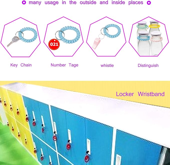 BIHRTC 6 Color Wrist Keychain Plastic Spring Flexible Spiral Wrist Coil Stretchable Wristband Spiral Key Chain Bracelet Key Holder Key Ring for Gym Pool ID Badge Sauna Outdoor Activities