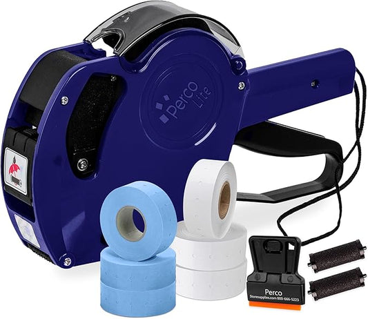 Perco Lite 1 Line Price Gun with Labels Kit - Includes 3 White Rolls, 3 Blue Rolls, 2 Ink Rollers - 1 Ink roll and Labels Pre-Loaded
