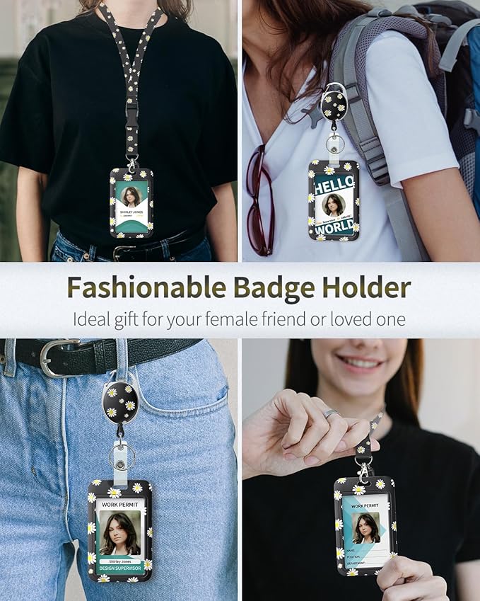 Uniclife Floral Sliding Badge Holder White Flower Plastic Case with Retractable Badge Reel Carabiner Clip & Detachable Lanyard Strap Fashionable Vertical Card Protector for Women Nurse Teacher Student