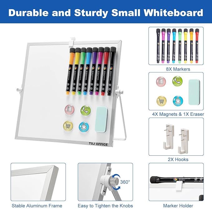 Small Magnetic Desktop White Board – 12 x 12 inches Mini Portable Dry Erase Whiteboard for Students Double Side to Do List Dry Erase Board with Stand for Office, School, Home
