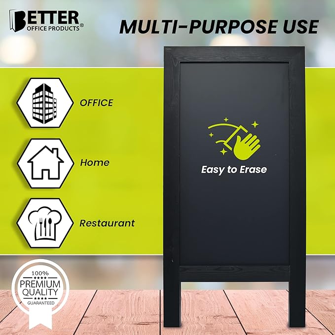 Better Office Products Magnetic A-Frame Chalkboard Sign, Extra Large 20" x 40", Standing Chalkboard Easel, with Chalk Marker + Chalk & Eraser, Sandwich Board Outdoor Sidewalk Sign,(Black)