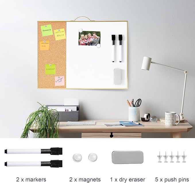 Small Cork Board Whiteboard Combo - 12" X 16" Portable Aluminum Gold Framed Magnetic Dry Erase Board for Wall, Mini Bulletin CorkBoard with a Handle for Office, Home and School