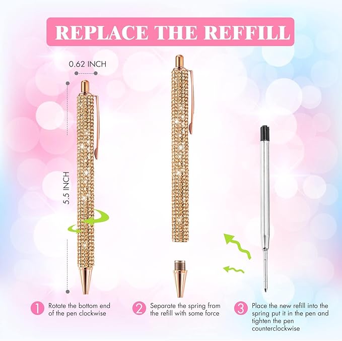 12Pcs Rhinestone Pens Bling Metal Ballpoint Diamond Pens Bulk Fancy Sparkly Crystal Press Retractable Black Ink 0.7mm For Women Office Meeting Birthday Supplies Wedding Gifts(6colors)