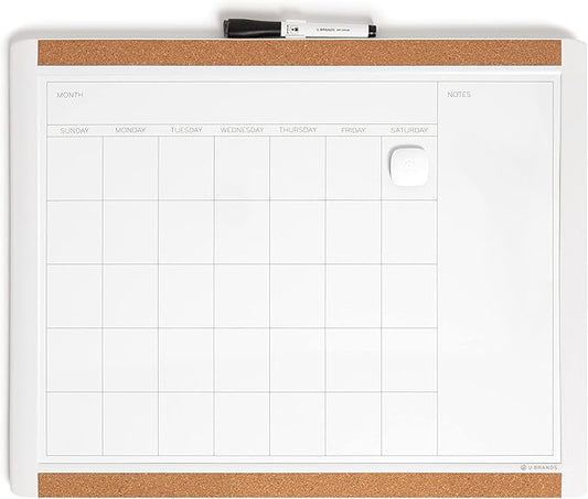 U Brands Magnetic Dry Erase Calendar Board, 20"x16", White Pin-It Frame, includes Marker and Magnet