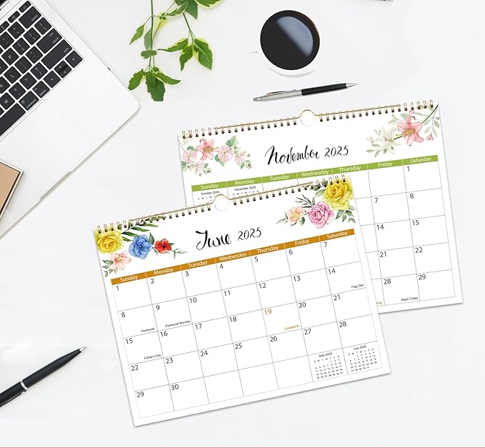 2025 Calendar - 2025 Wall Calendar, January 2025 - June 2026, 14.5" x 11.5", 18 Monthly Wall Calendar 2025-2026, Twin-Wire Binding + Hanging Hook + Thick Paper, Floral