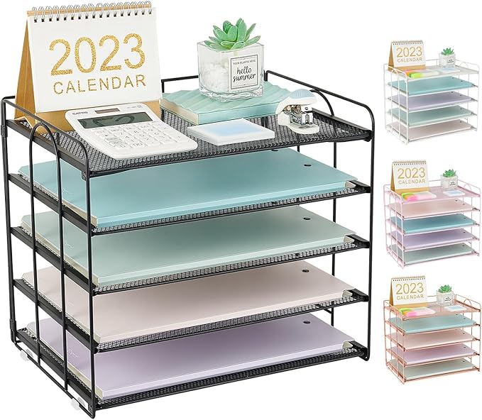 5 Tier Mesh Paper Letter Tray Organizer, Desktop Mail Sorter Office Supplies Organizer for Desk, Desk Organizers and Accessories (Black)